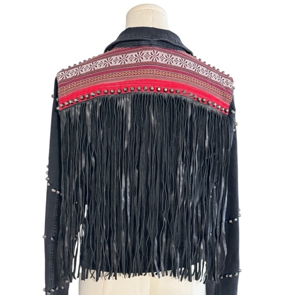 GUESS Black Denim Jean Jacket Leather Fringe Studded Size M Western Concert Stud - Picture 1 of 10